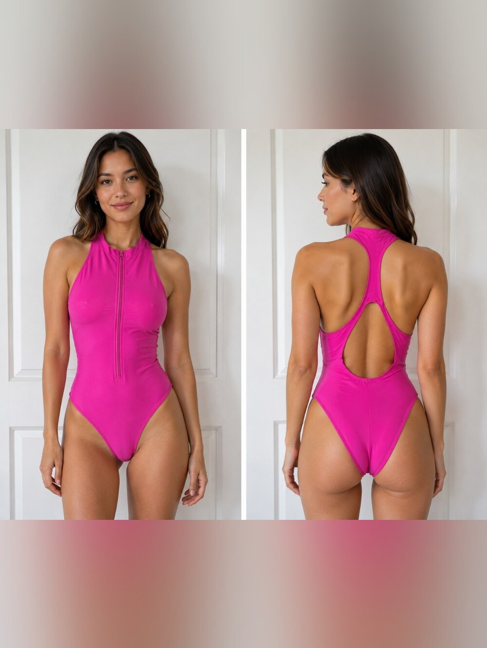 Fashion Nova Hot Pink High-Neck Zip One-Piece Swimsuit
